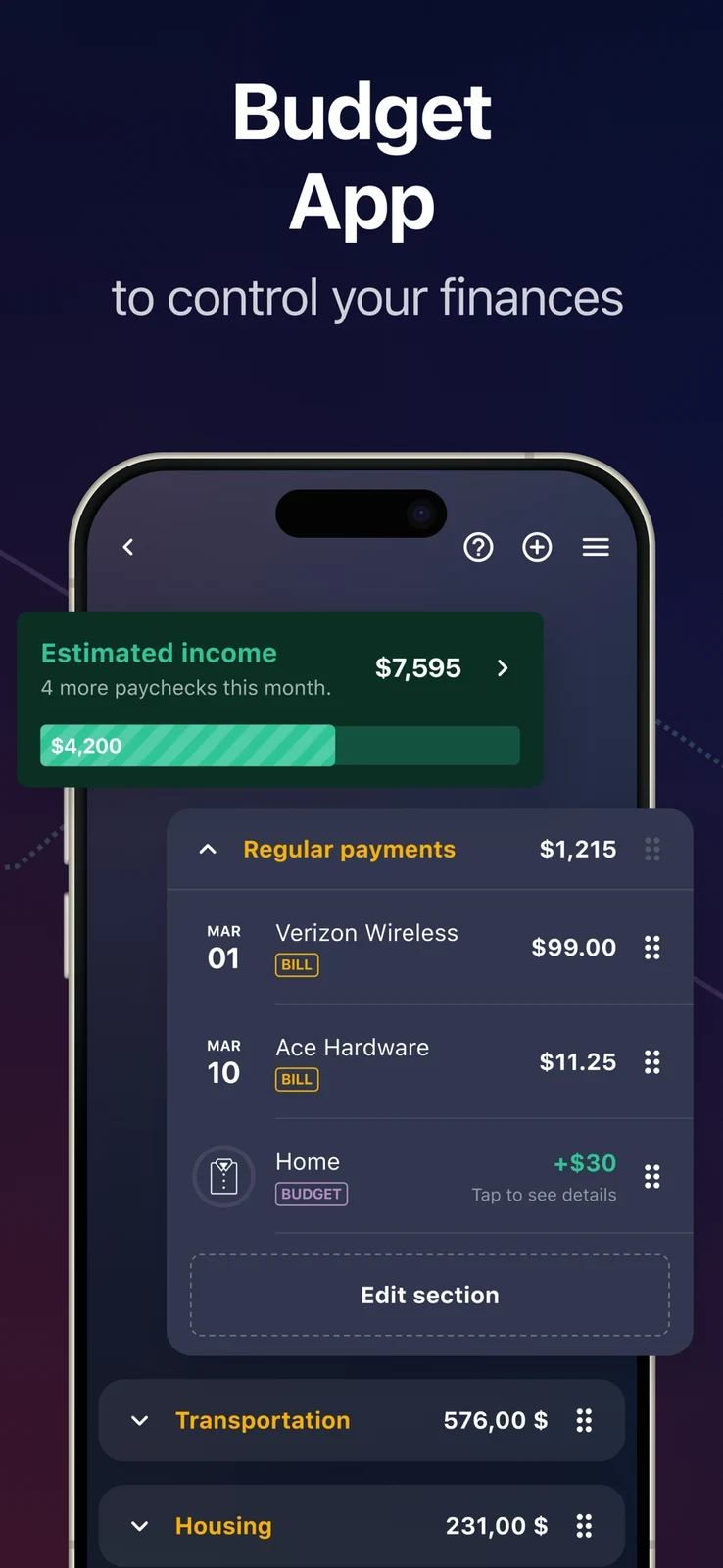 PocketGuard: estimated income and regular-payment planning cards