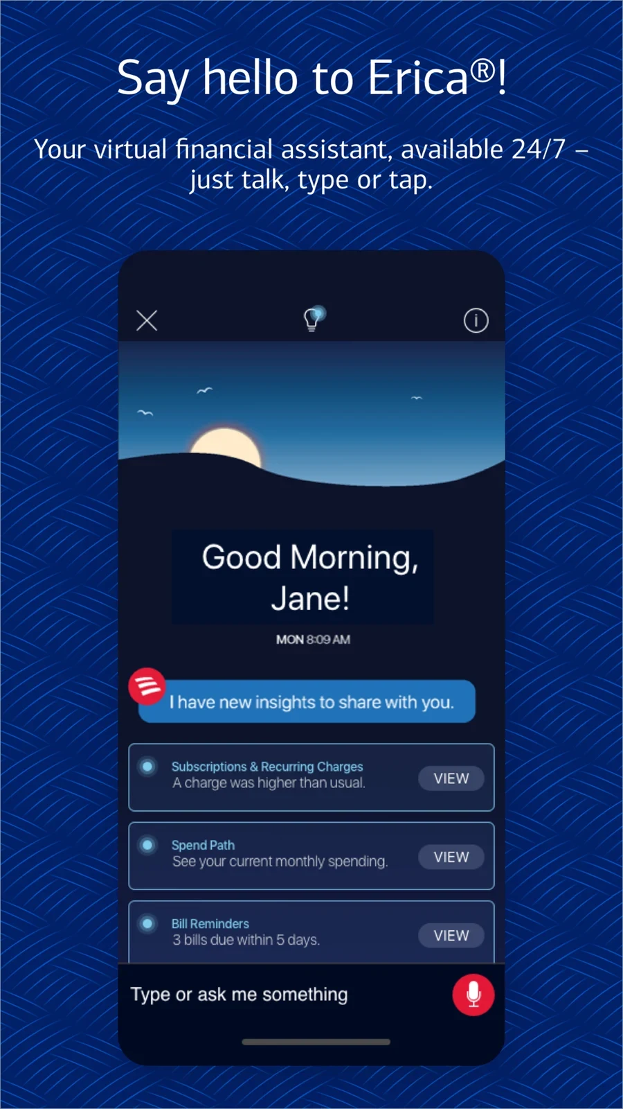 Bank of America, panel 2: An assistant introduction shows prompts and insight cards.