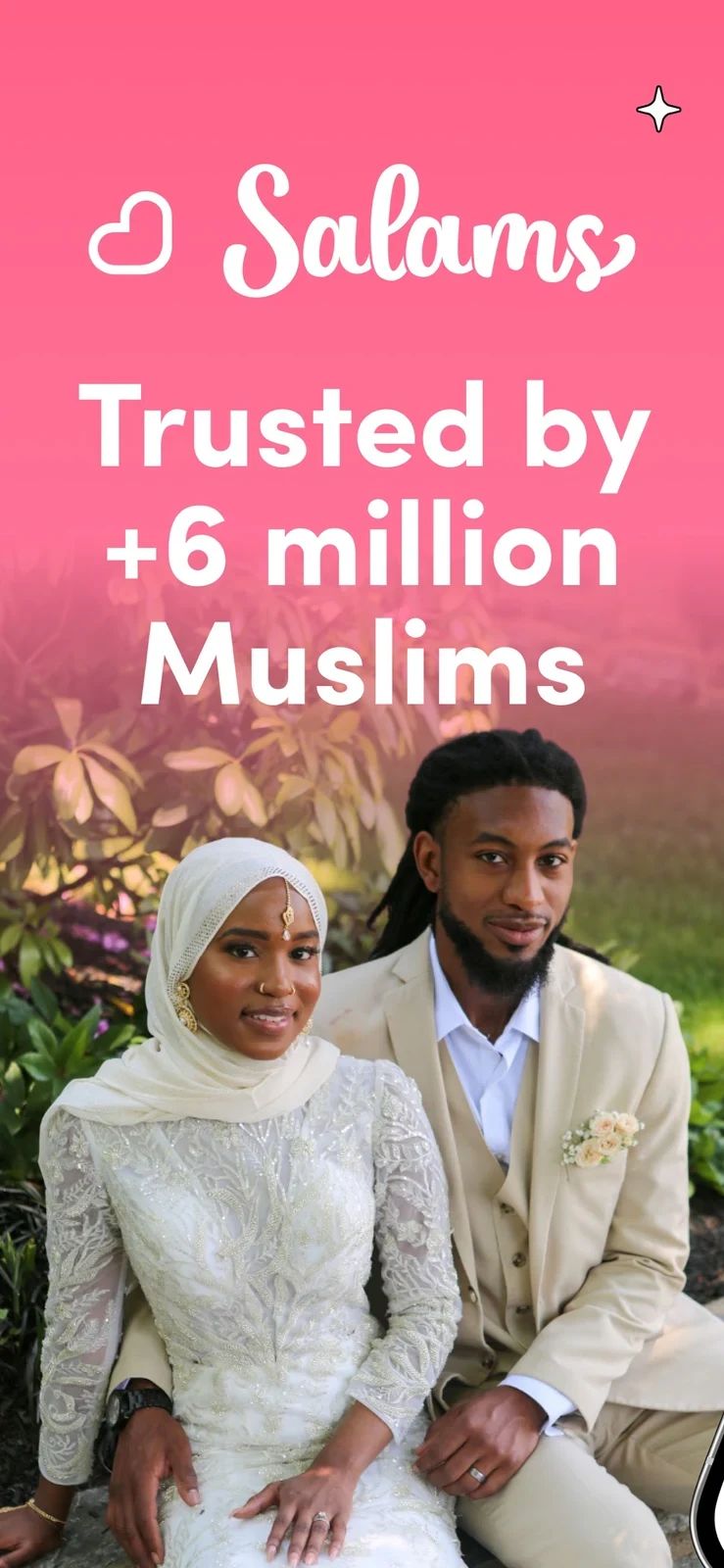 Salams: Halal Muslim Marriage, panel 1: A wedding photograph appears with an unverified member count.