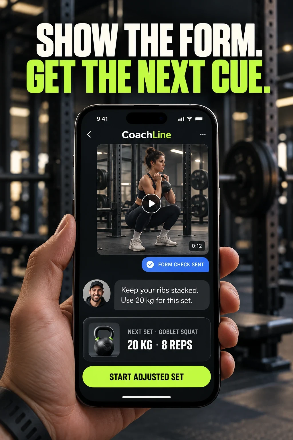 AI concept for fictional CoachLine showing a form clip, coach cue and adjusted next set