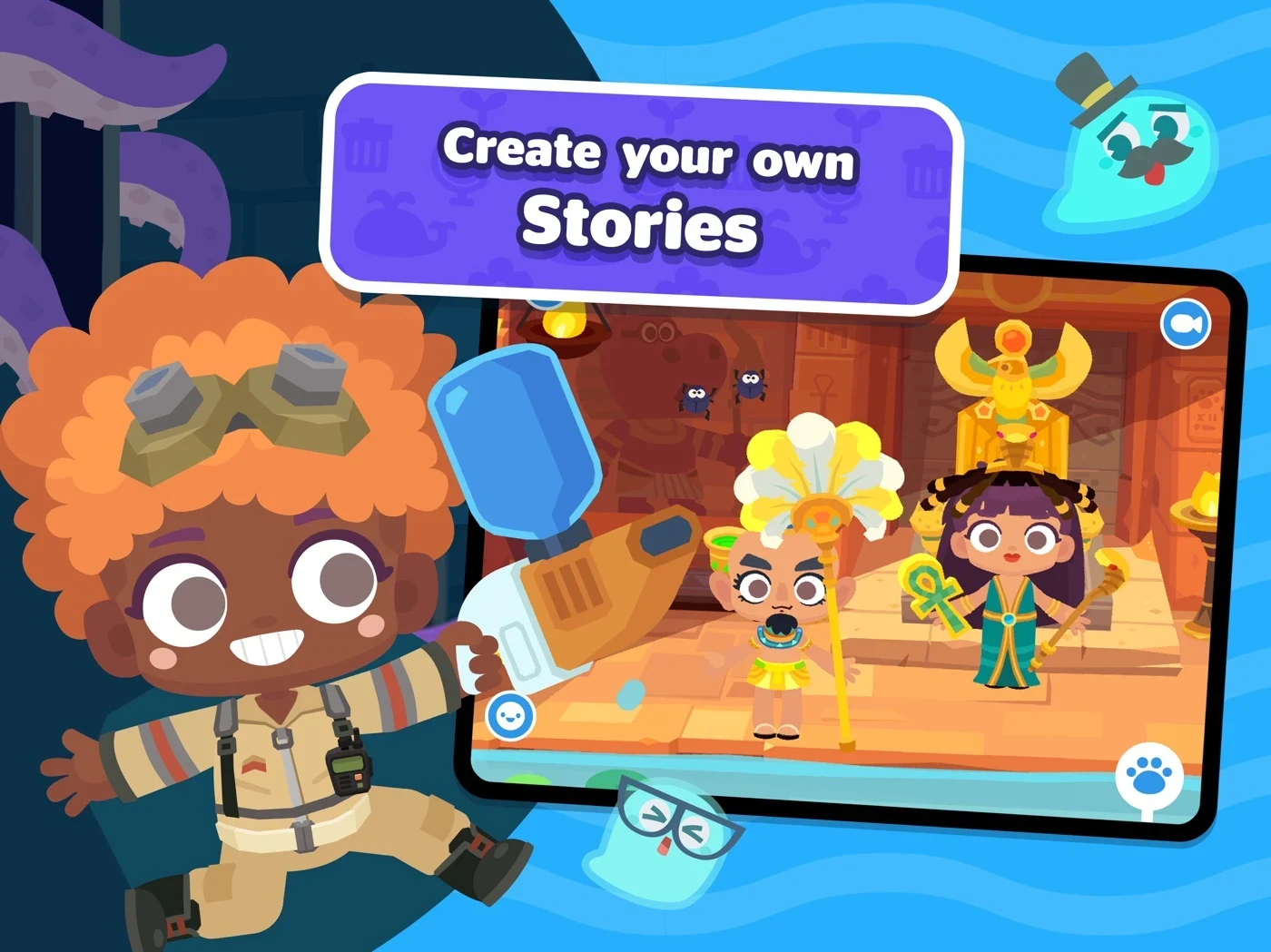 Dr. Panda Town Tales: New Life, panel 2: Costumed characters accompany a story-creation headline.