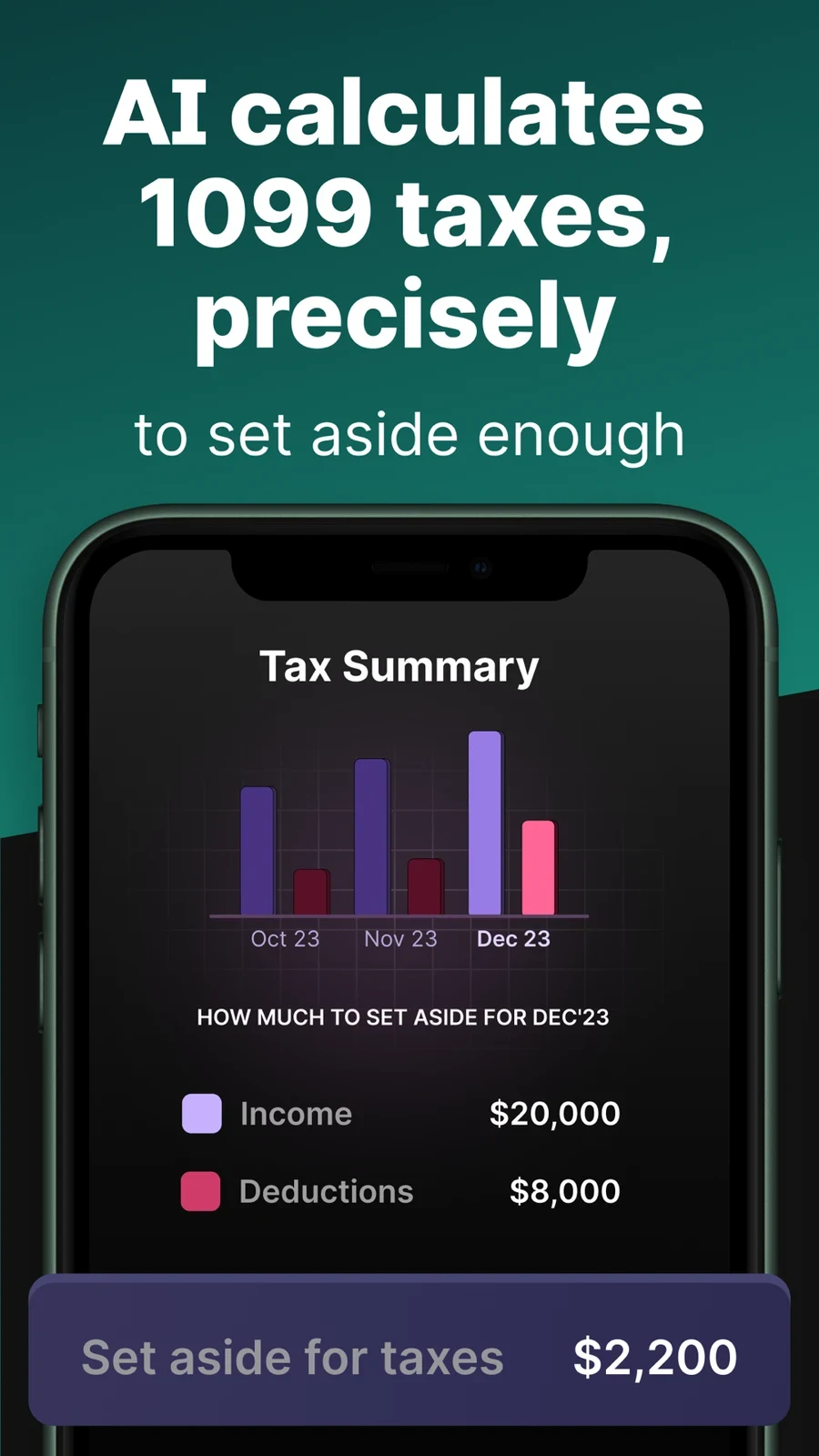 FlyFin, panel 2: A tax summary shows income, deductions and an amount to set aside.