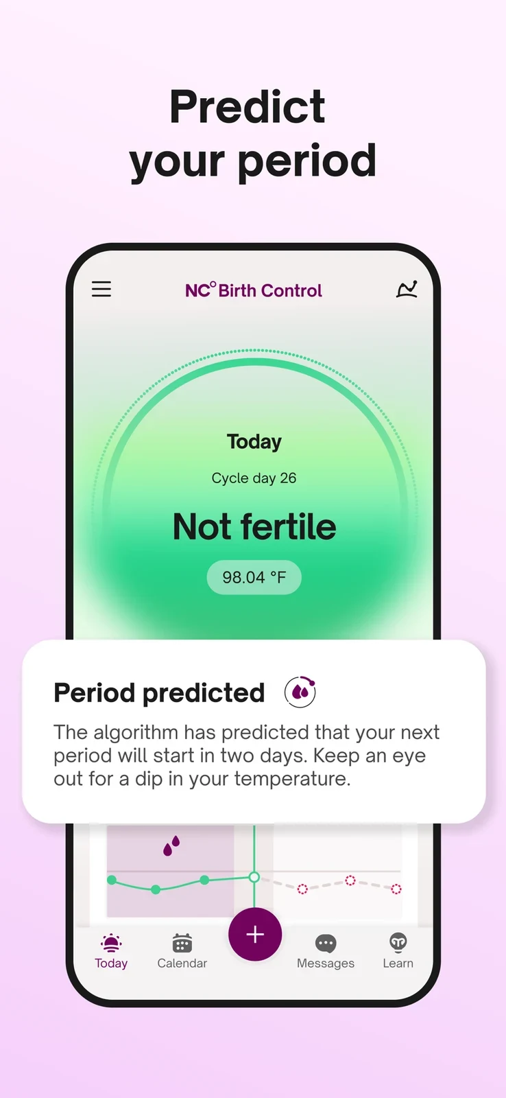 Natural Cycles: birth-control mode with period prediction message