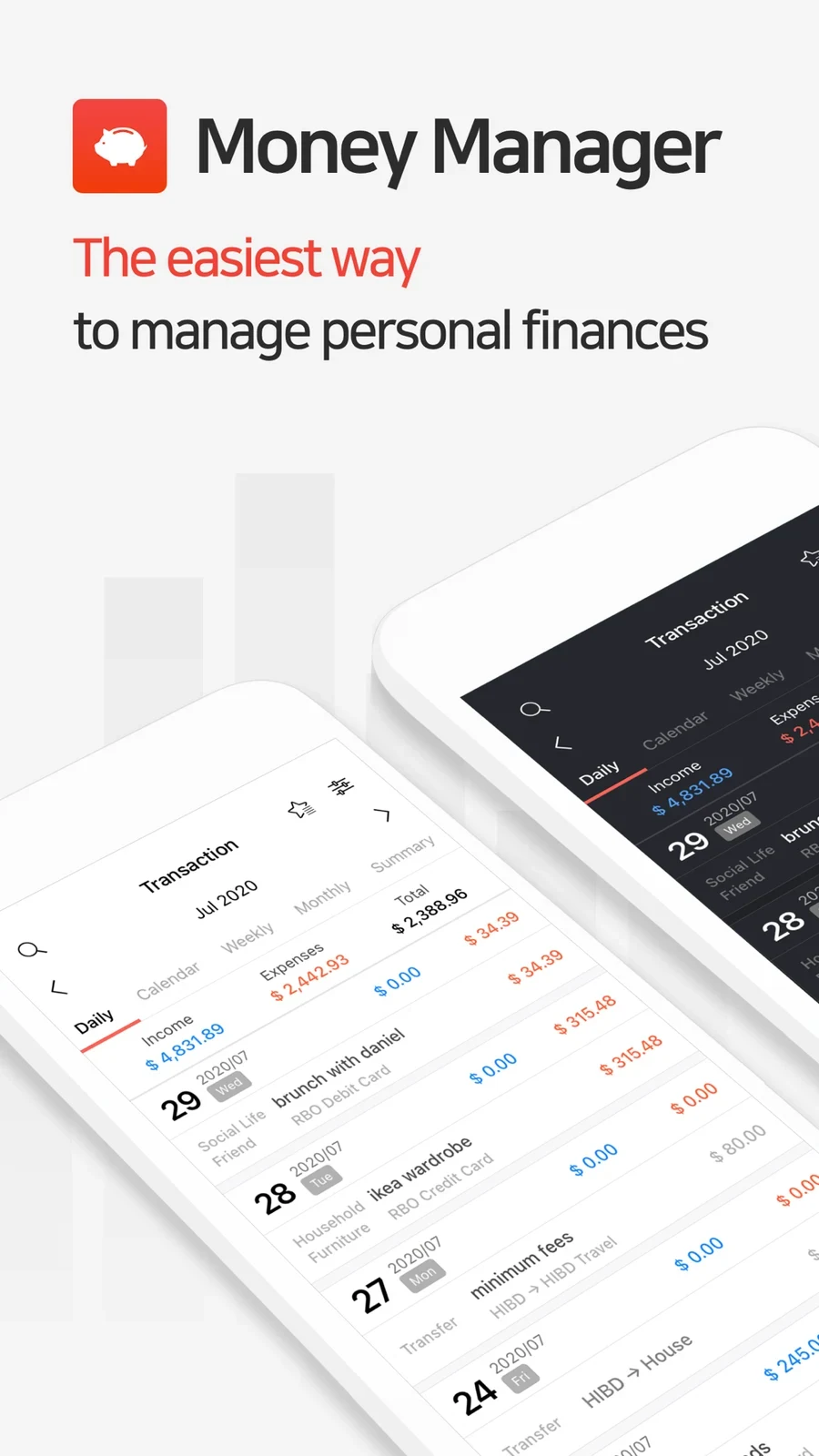 Money Manager: two angled light and dark transaction lists