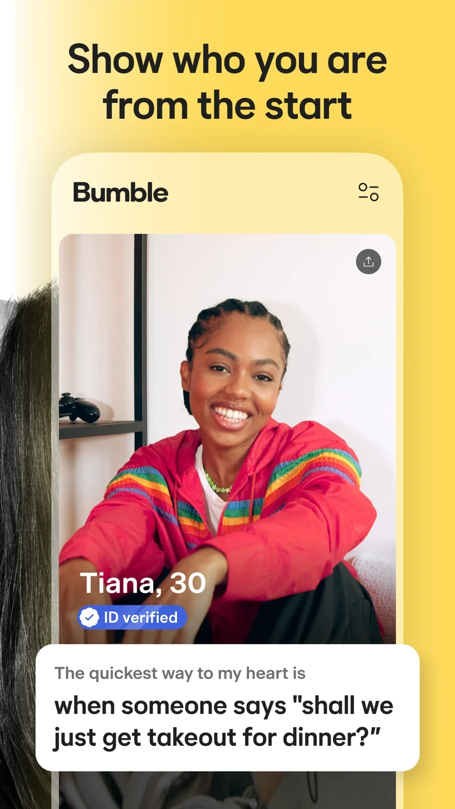 Bumble, panel 2: A profile example combines a prompt with an ID-verification label.