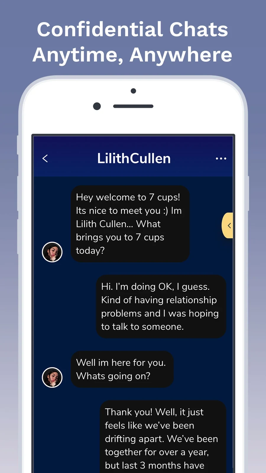 7 Cups: dense private chat and confidentiality message
