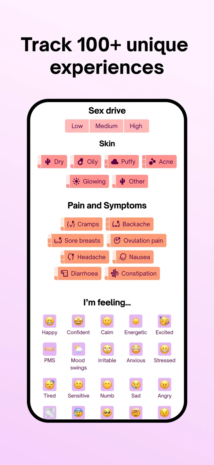 Natural Cycles: dense symptom and feeling input choices