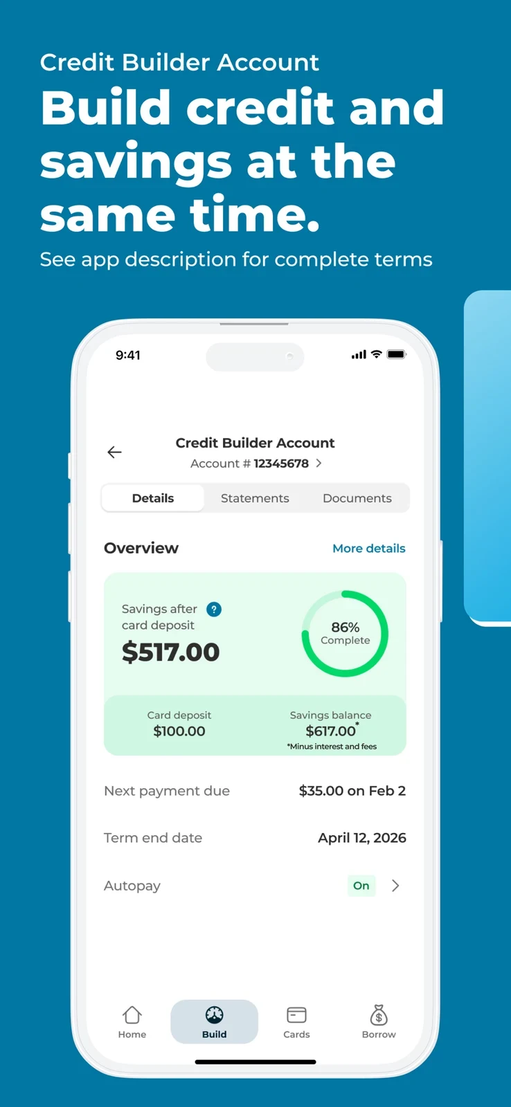 Self, panel 3: A builder-account view shows payment due, term end, savings and interest/fee context.