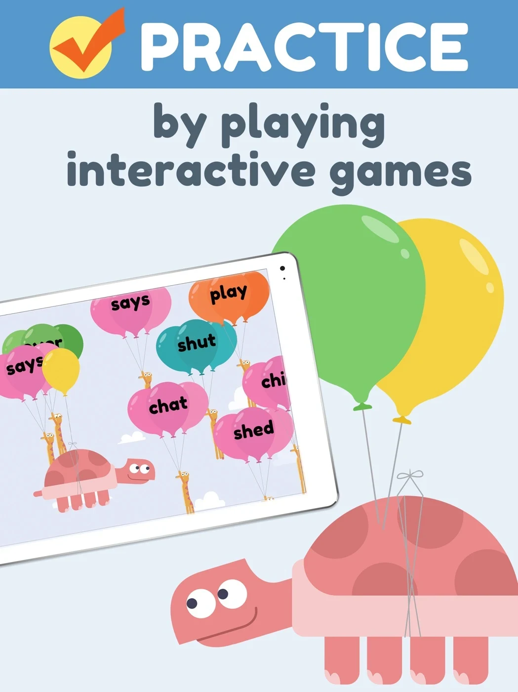 Hooked on Phonics Learning, panel 2: Word balloons illustrate a practice activity.