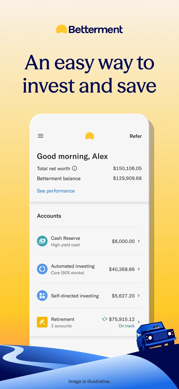 Betterment, panel 1: An overview distinguishes cash, automated, self-directed and retirement accounts.