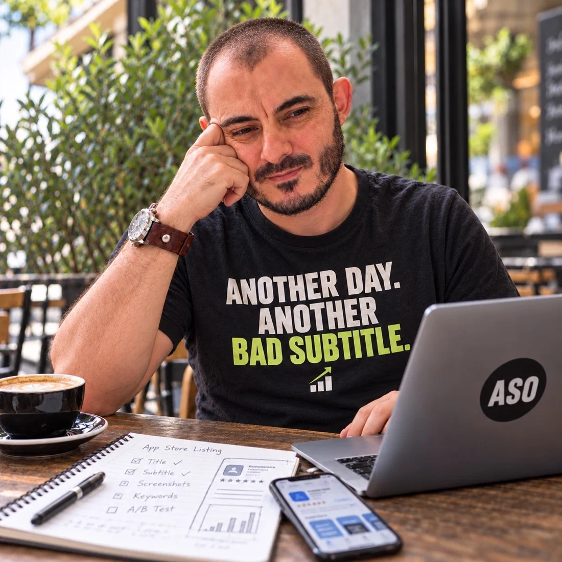 Gabriel reviewing app subtitle copy at his desk
