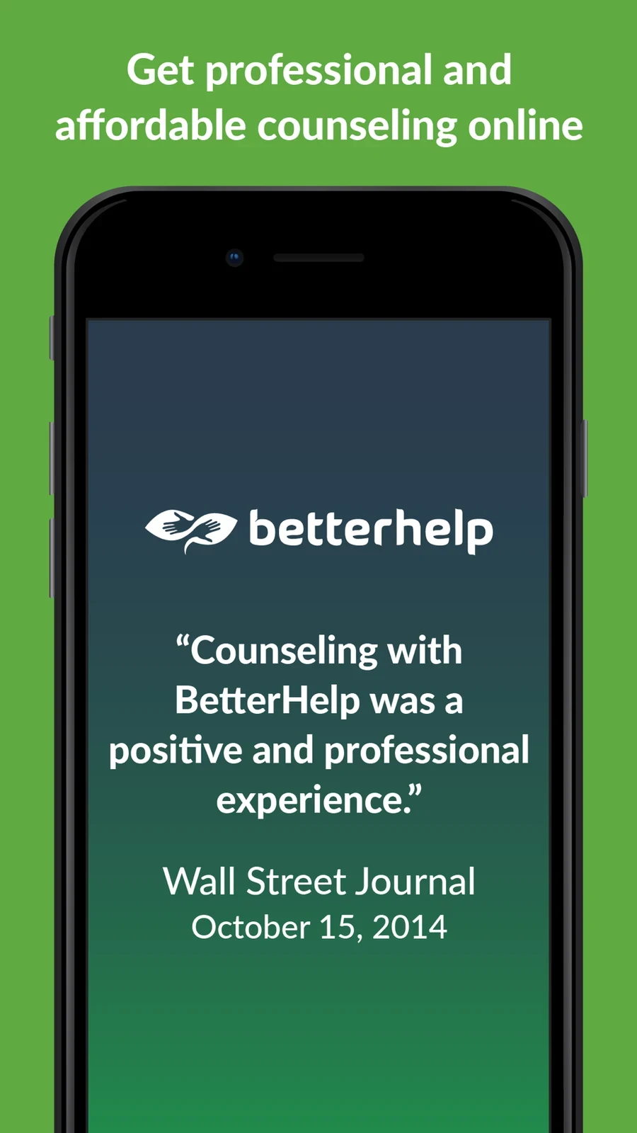 BetterHelp: branded phone and professional support headline with press quotation
