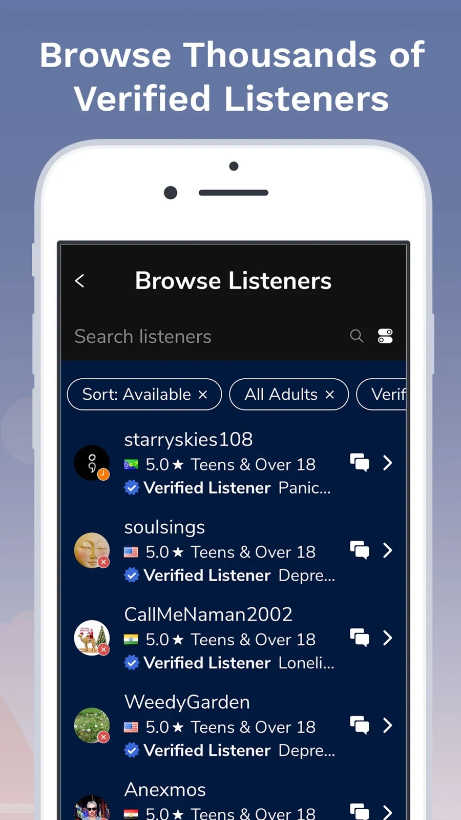 7 Cups: listener profiles with languages and availability indicators