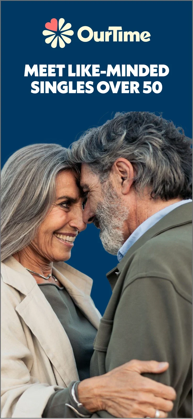 OurTime: Meet Singles Over 50, panel 1: A mature couple introduces the relationship theme.