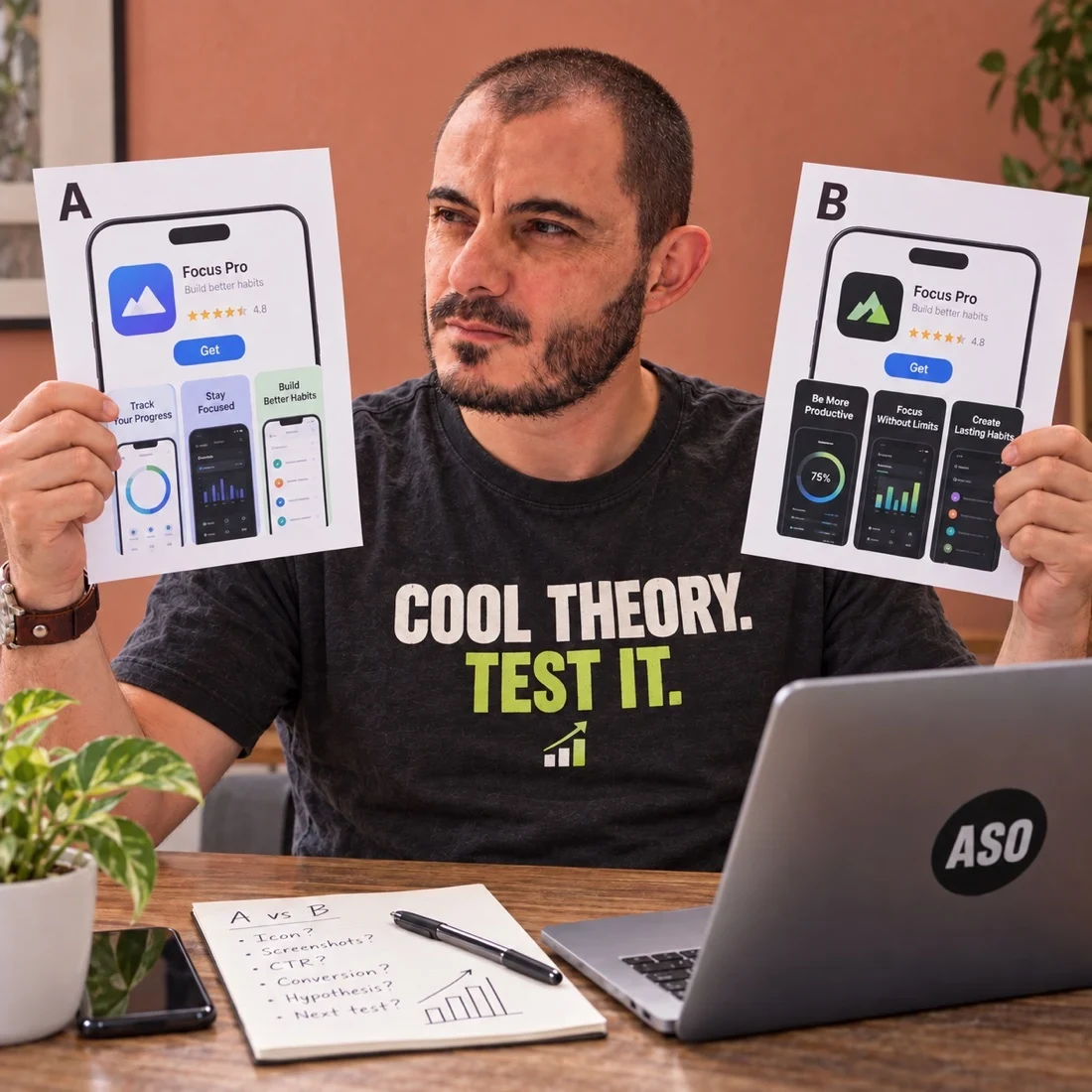 Gabriel comparing two app creative concepts at his desk