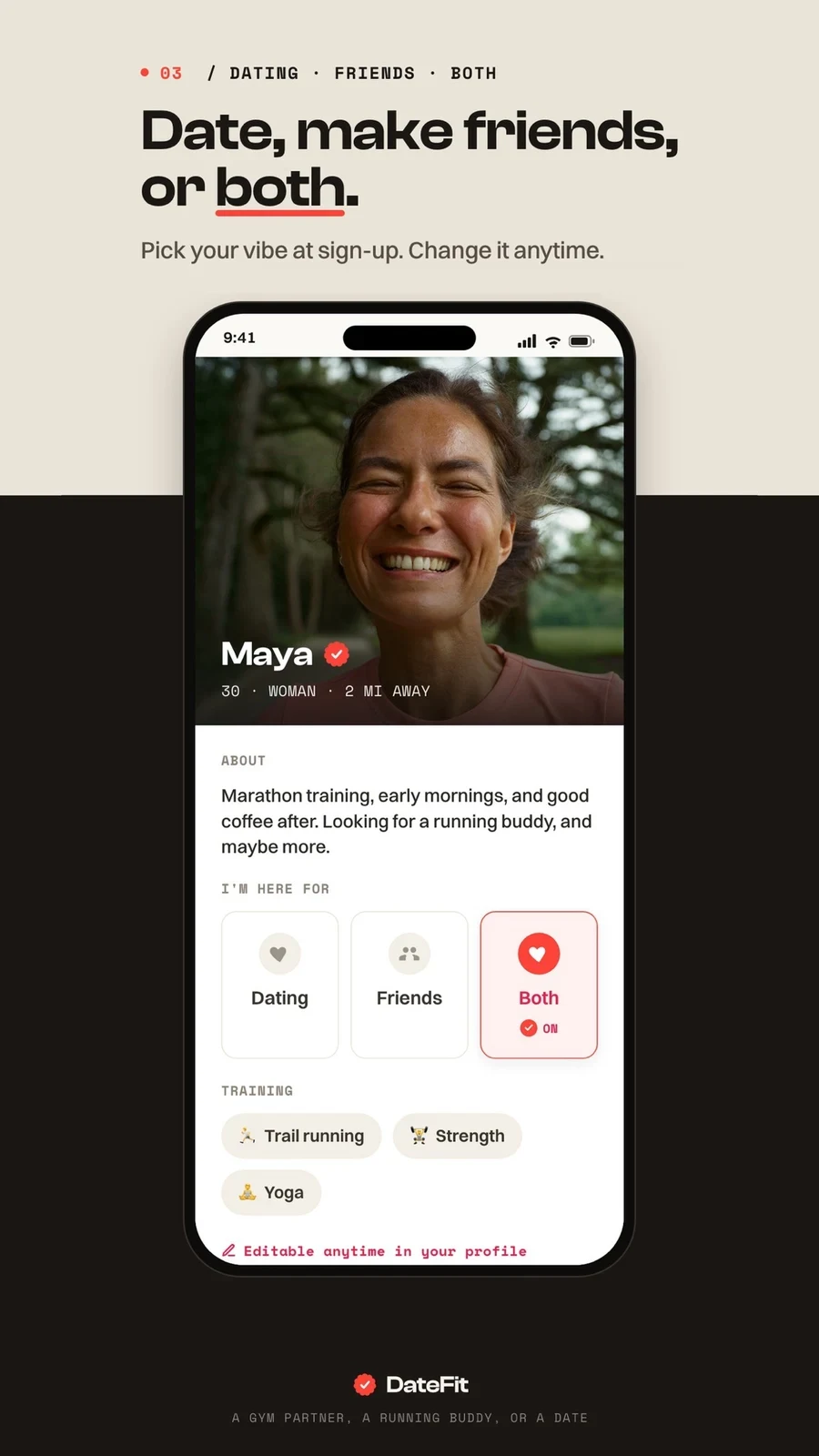 DateFit: Fitness Dating, panel 3: Dating and friendship intentions appear as options.