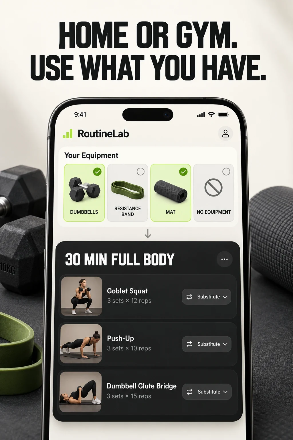 AI concept for fictional RoutineLab showing selected equipment and an adapted workout