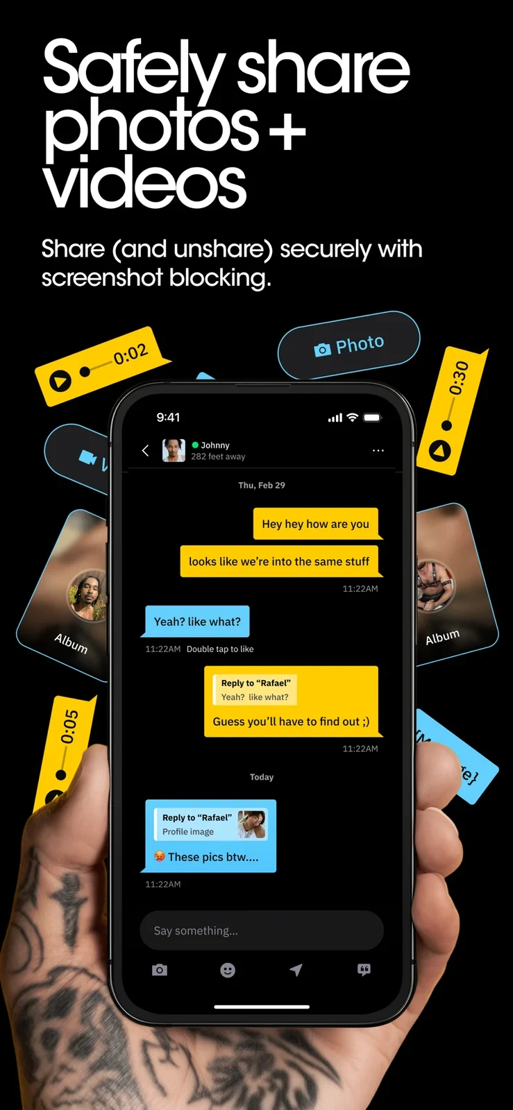 Grindr, panel 4: A chat frame highlights photo and video sharing and unsharing.