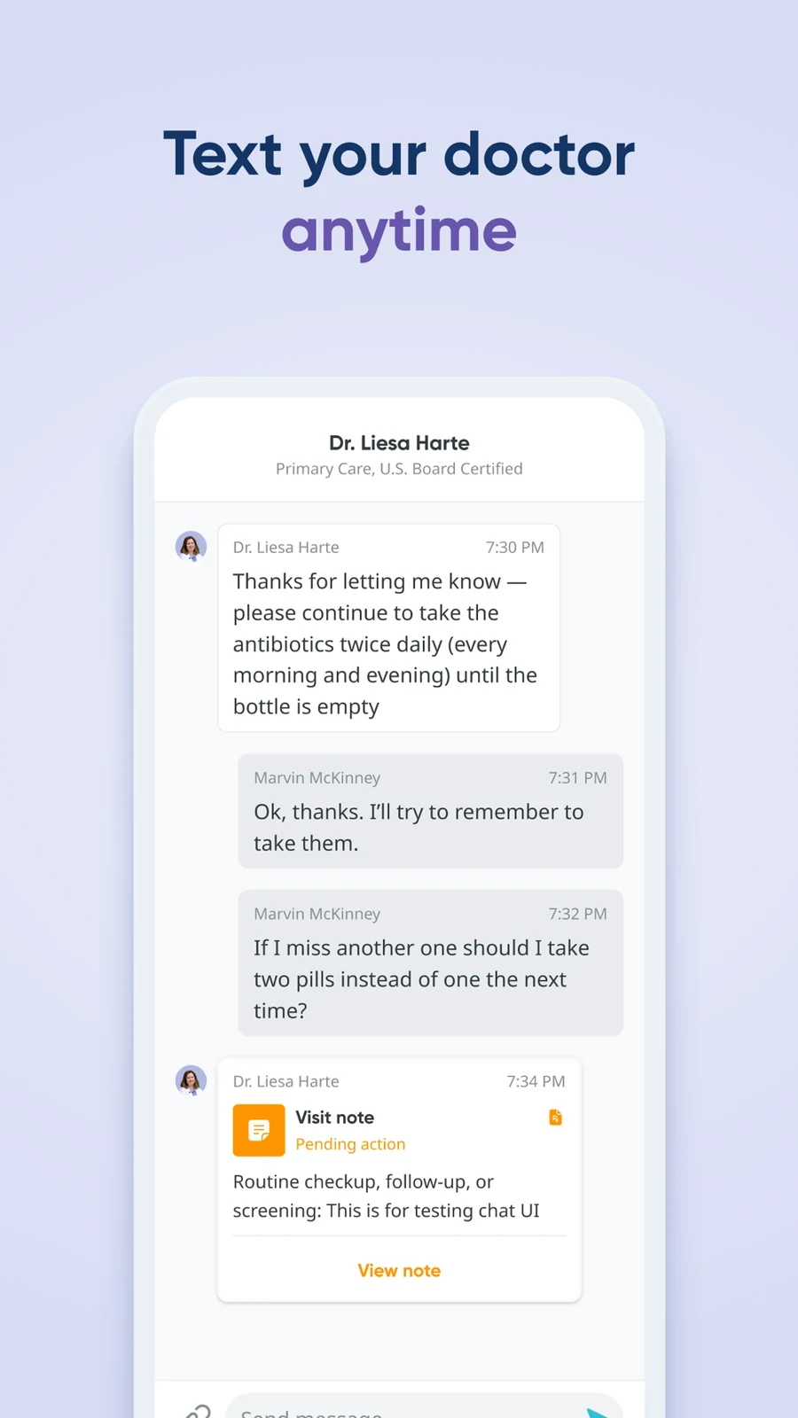 HealthTap: follow-up message thread and visit-note card