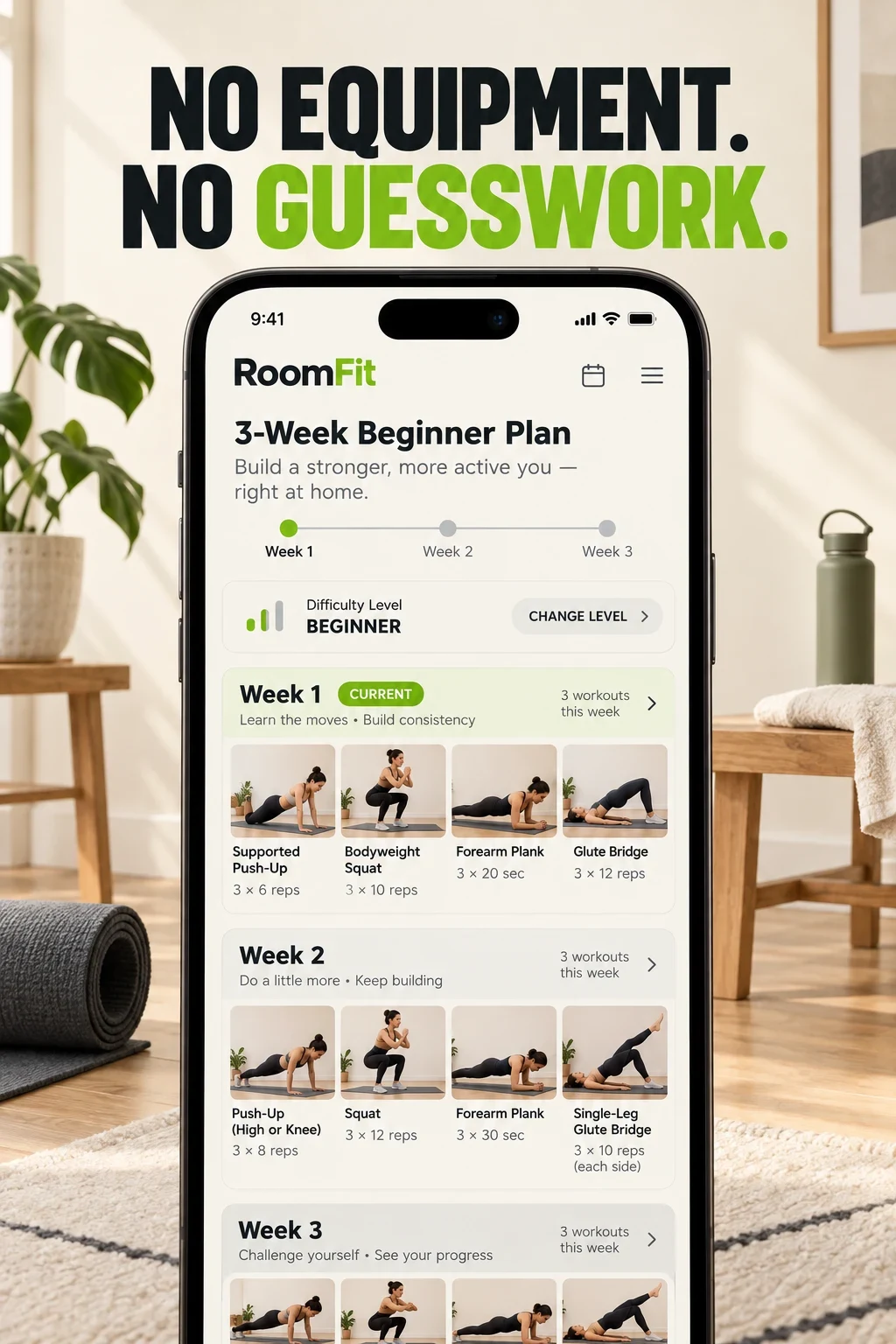 AI concept for fictional RoomFit showing a three-week no-equipment beginner plan