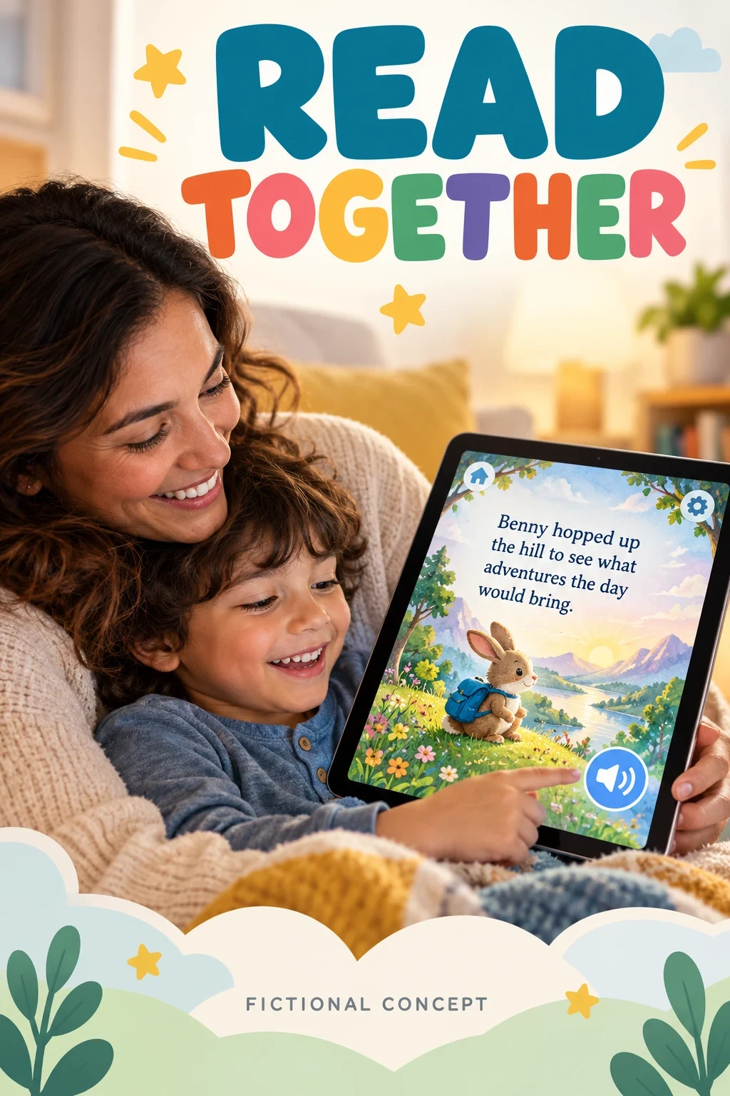 Fictional adult and child reading concept