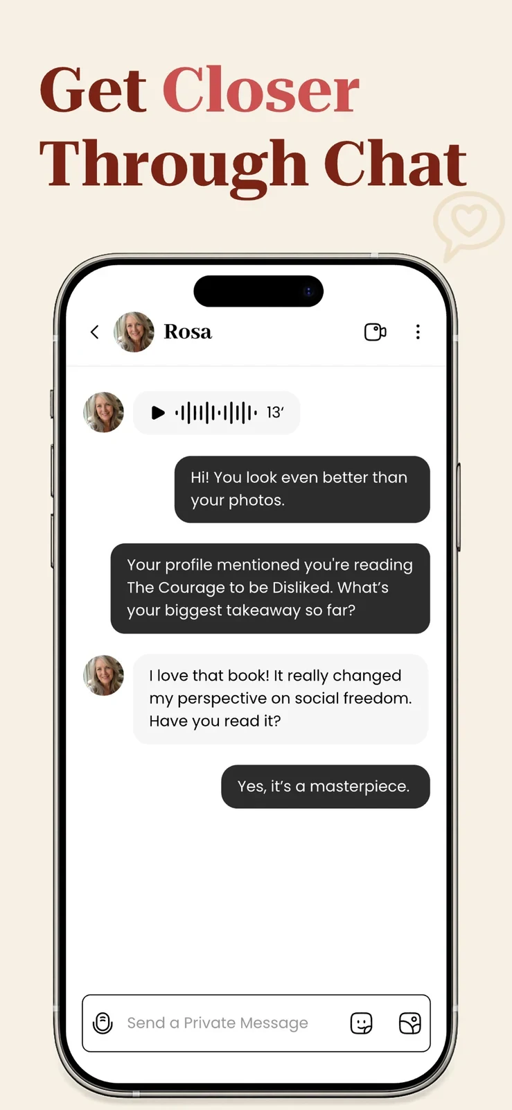SeniorMatch® - Dating Over 50, panel 4: A staged conversation shows a voice message.