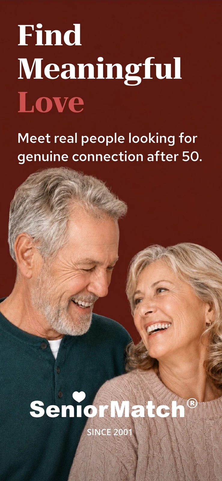 SeniorMatch® - Dating Over 50, panel 1: Couple imagery introduces a meaningful connection.