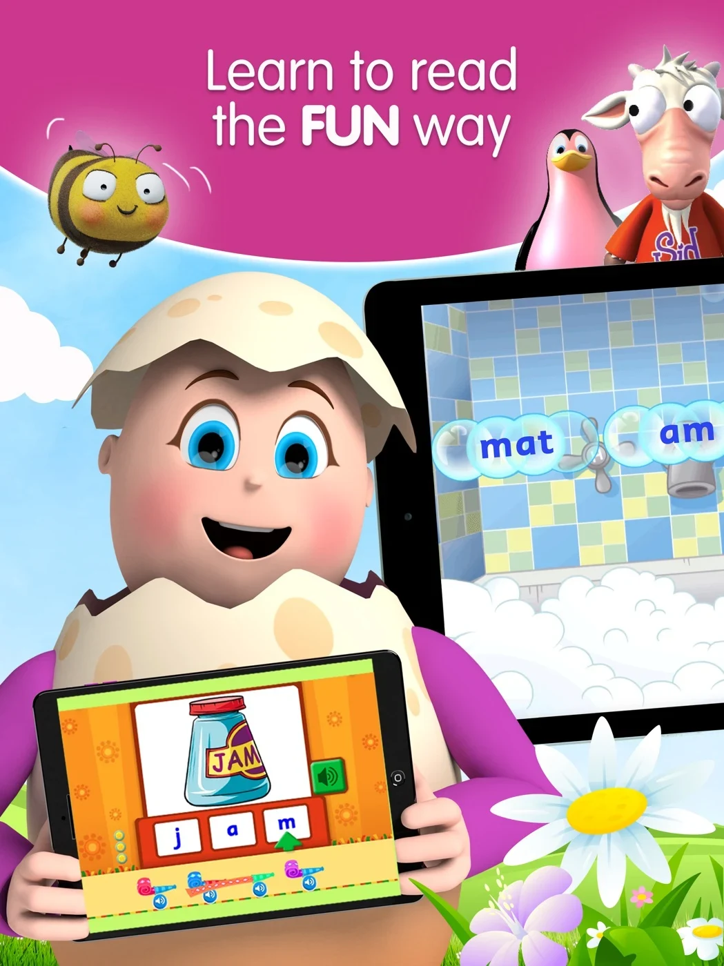 Reading Eggs - Learn to Read, panel 1: Mascots frame word bubbles and letter tiles.
