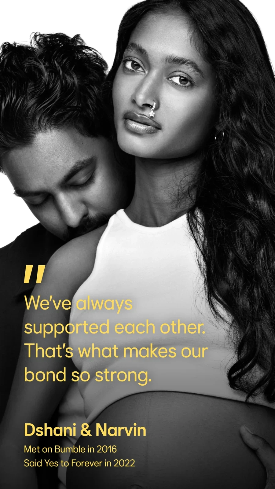 Bumble, panel 4: A second relationship story uses a couple portrait and attributed quote.