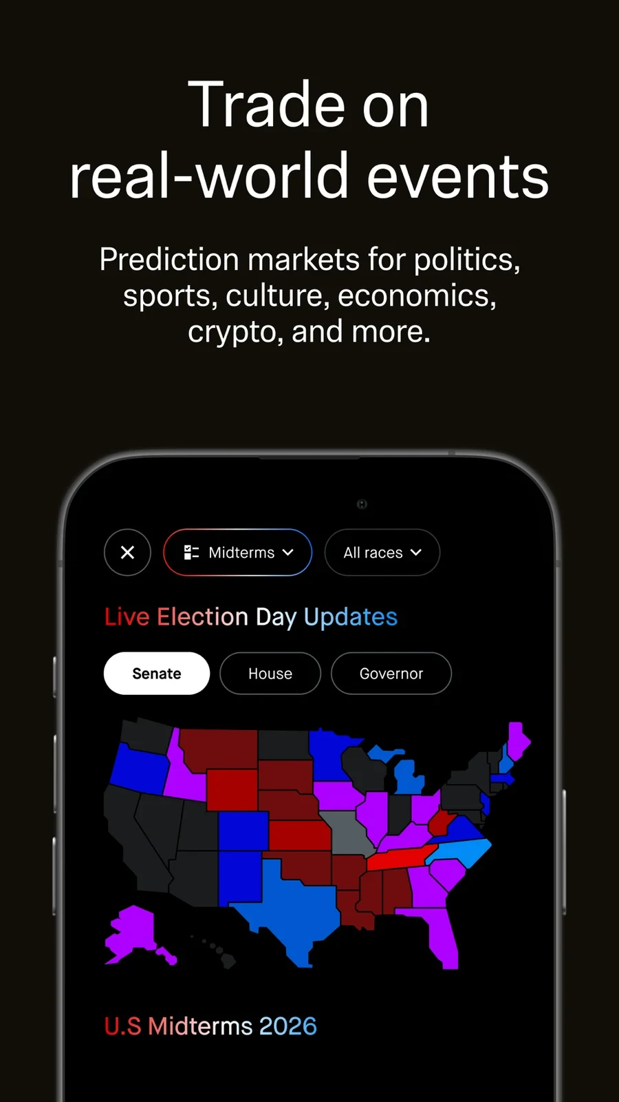 Robinhood: event-contract interface with election-map illustration