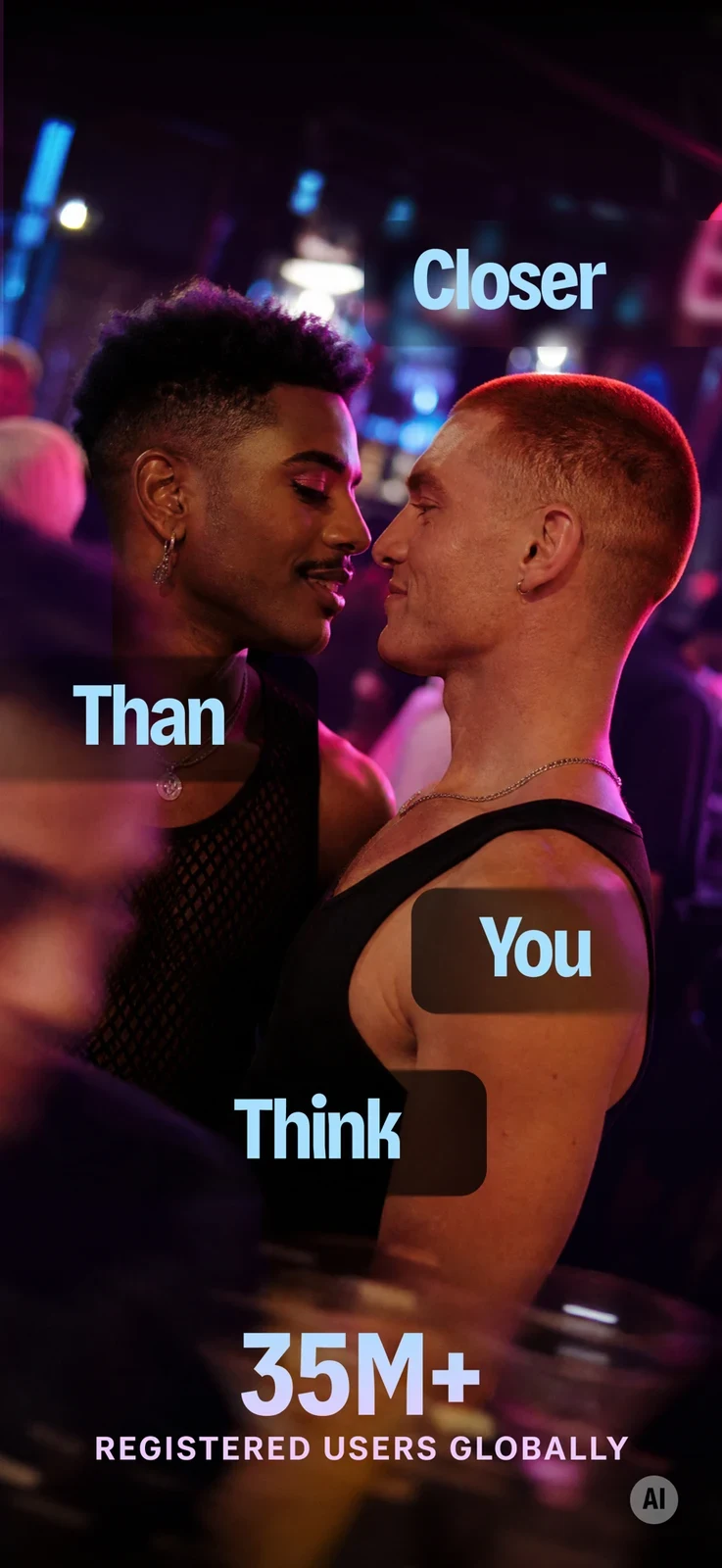 Taimi LGBTQ+ Dating & Chat App, panel 1: AI-labelled lifestyle imagery includes a publisher member count.