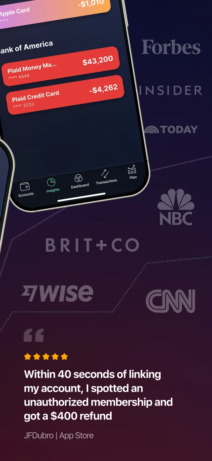 PocketGuard: account cards with media logos and a testimonial