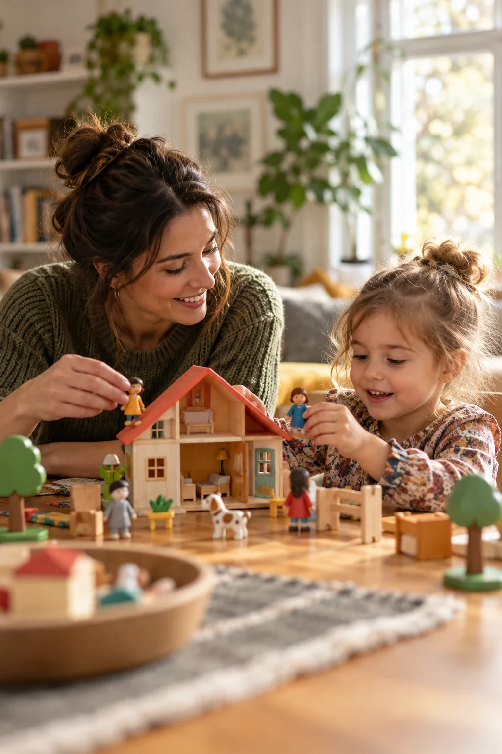 A caregiver and child playing with a toy house