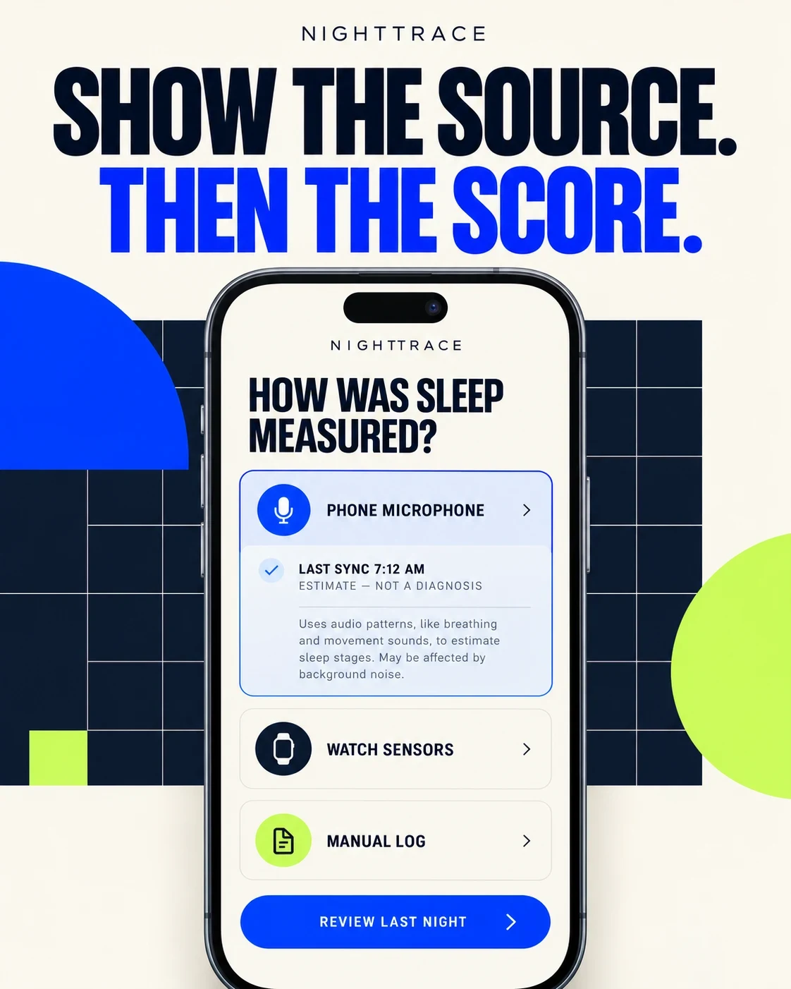 Fictional NightTrace concept showing phone watch and manual sleep-data sources