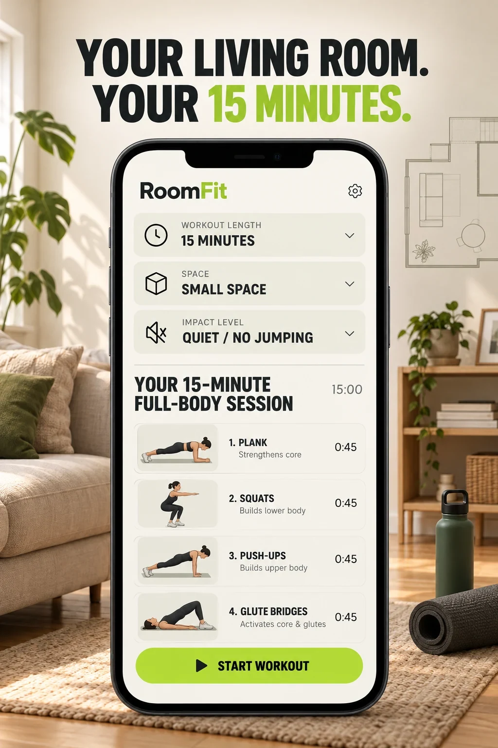 Fictional RoomFit concept connecting time, small space and quiet preferences to a home workout