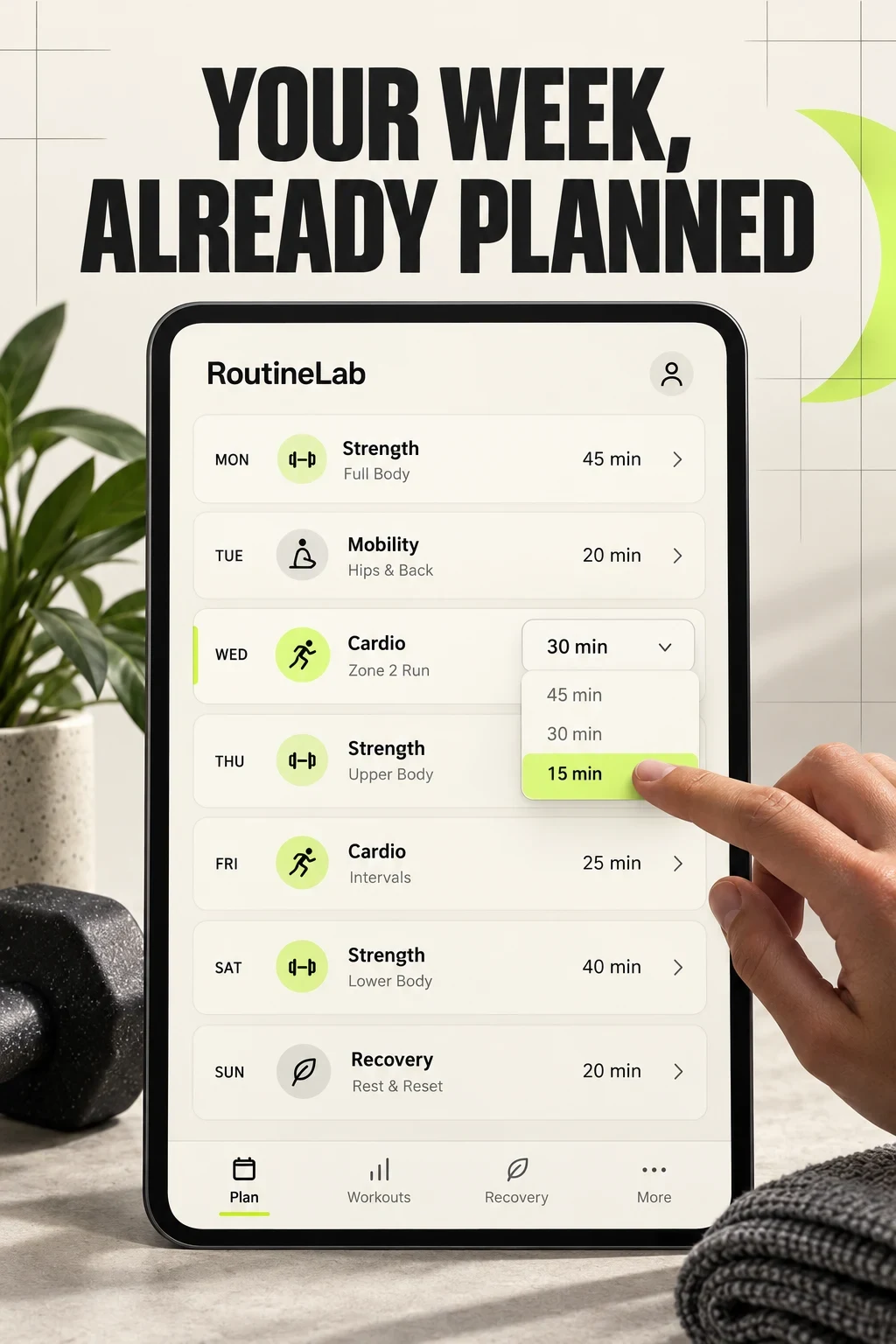 AI concept for fictional RoutineLab showing a weekly workout plan and a duration adjustment