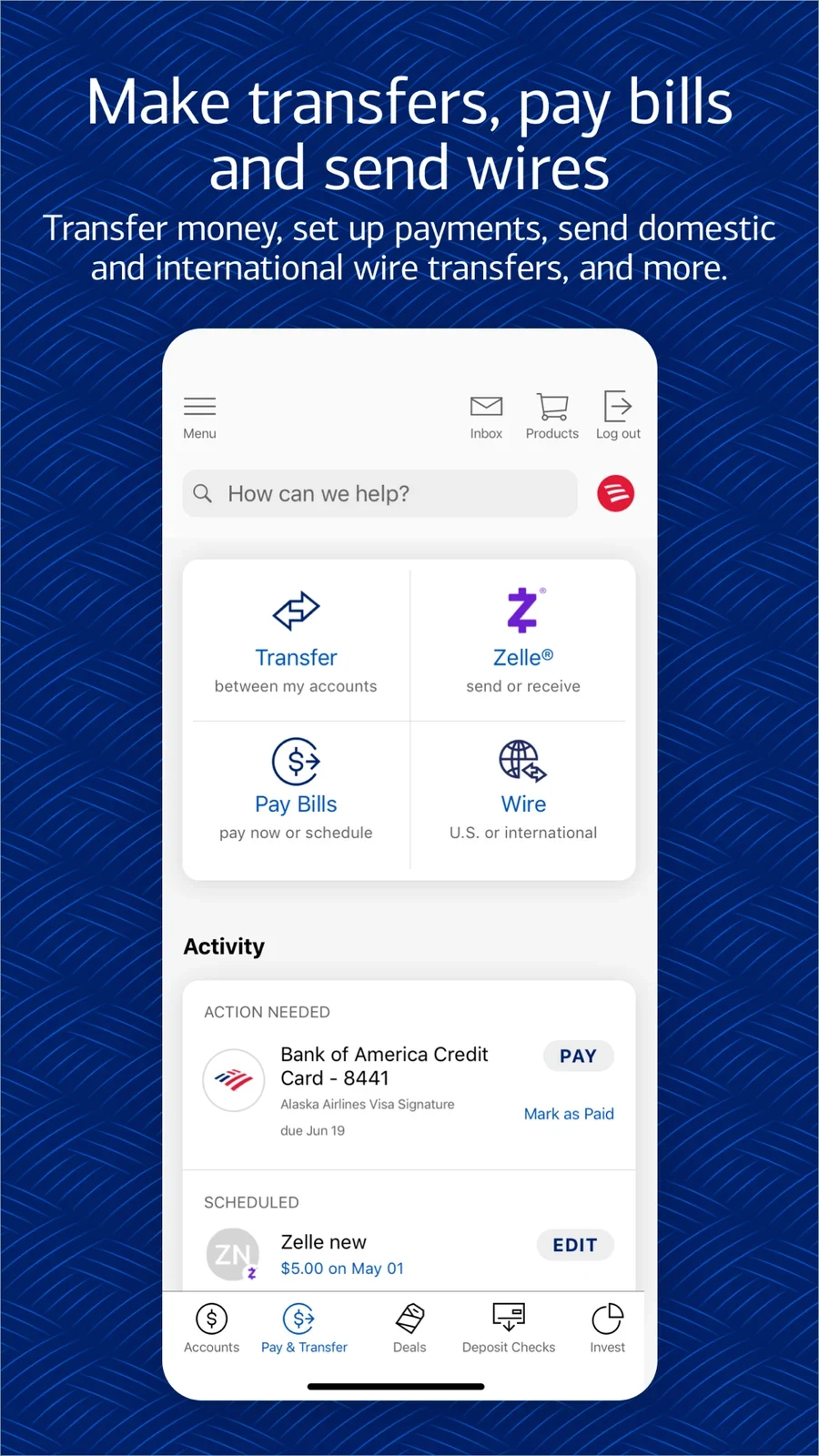 Bank of America, panel 4: The next panel separates transfers, bill payment and wires.