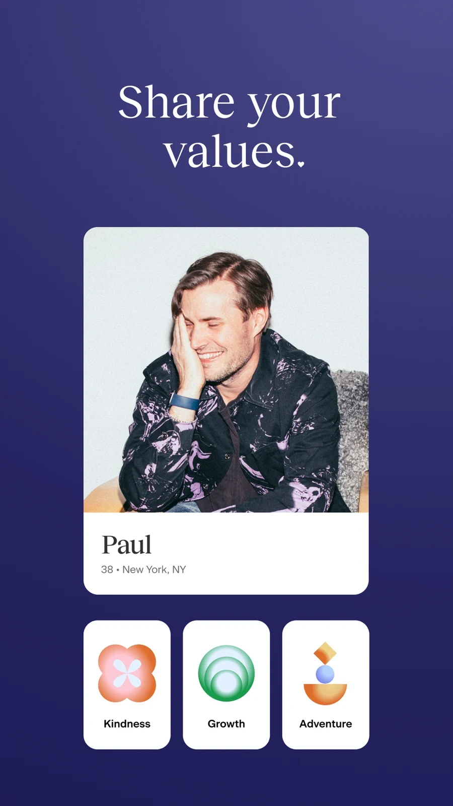 Match Dating App: Chat & Meet, panel 3: A profile and illustrated value labels introduce self-expression.