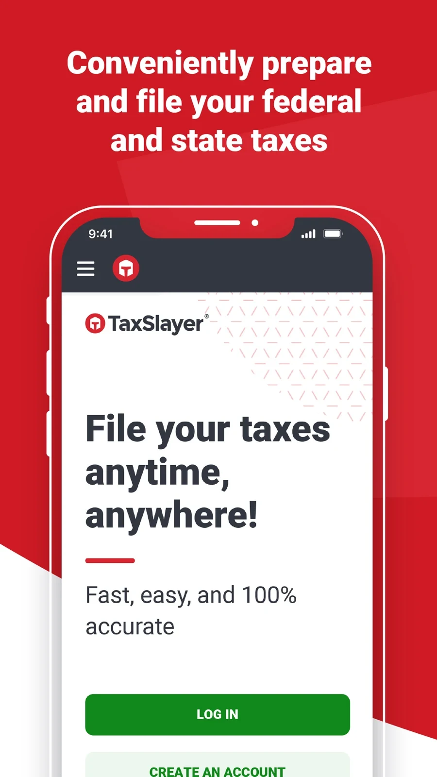 TaxSlayer, panel 3: A preparation frame shows a sign-in screen and an accuracy claim.