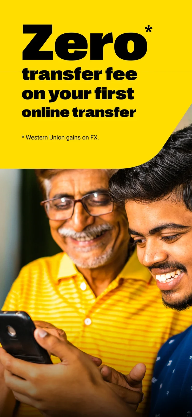 Western Union, panel 3: A first-online-transfer fee promotion includes exchange-rate context in smaller copy.