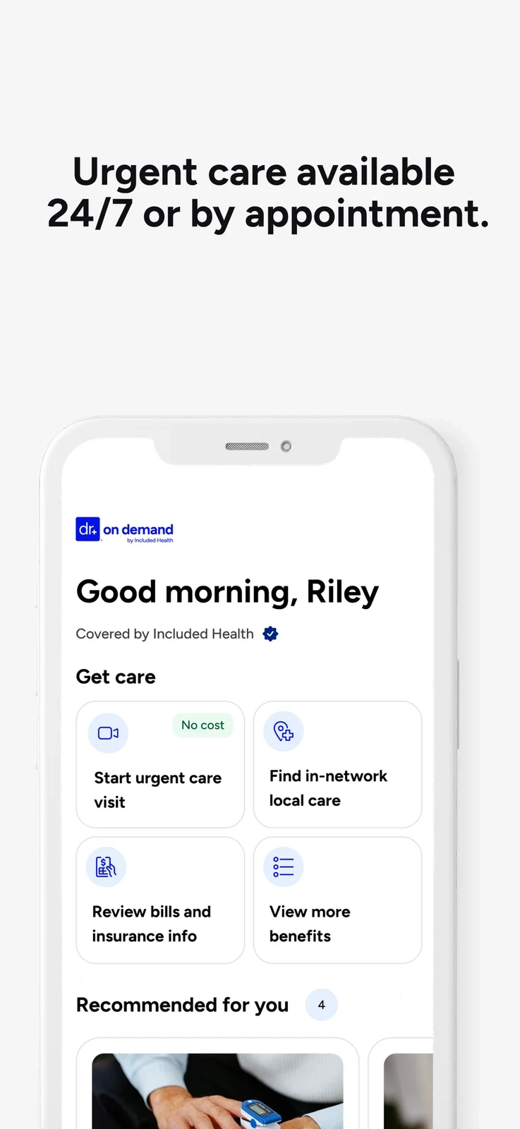 Doctor On Demand: member home screen showing a benefit-funded visit
