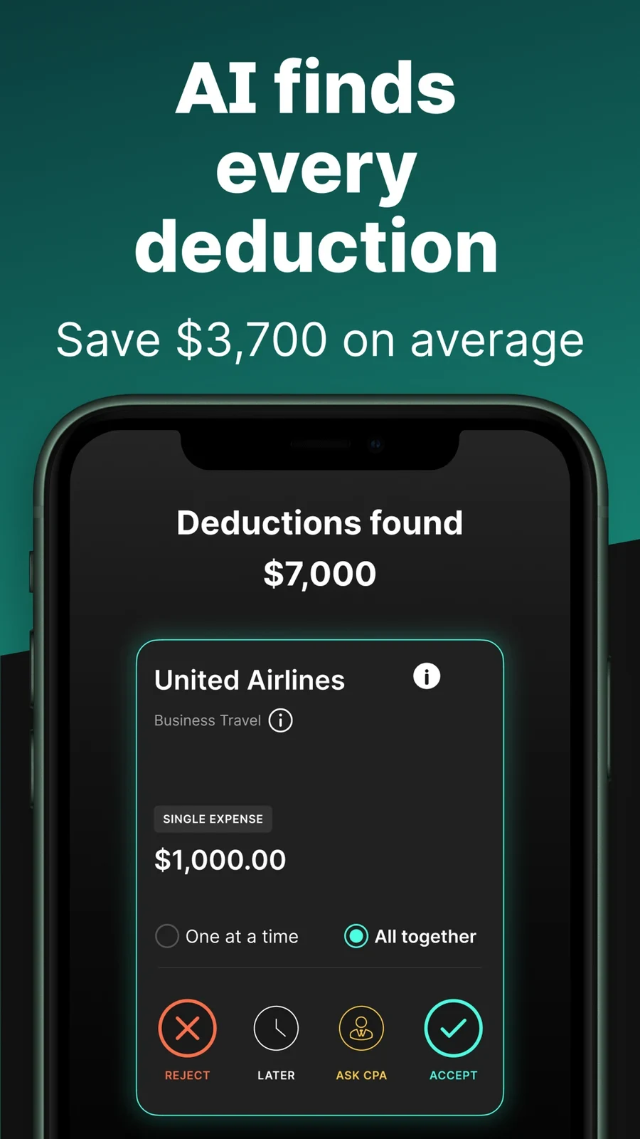 FlyFin, panel 1: A deduction-finding claim sits above an expense card with review controls.