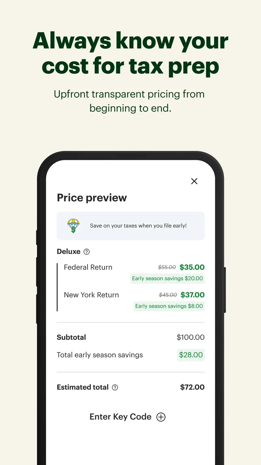 H&R Block Tax Prep, panel 4: A price preview separates federal and state items and a total.