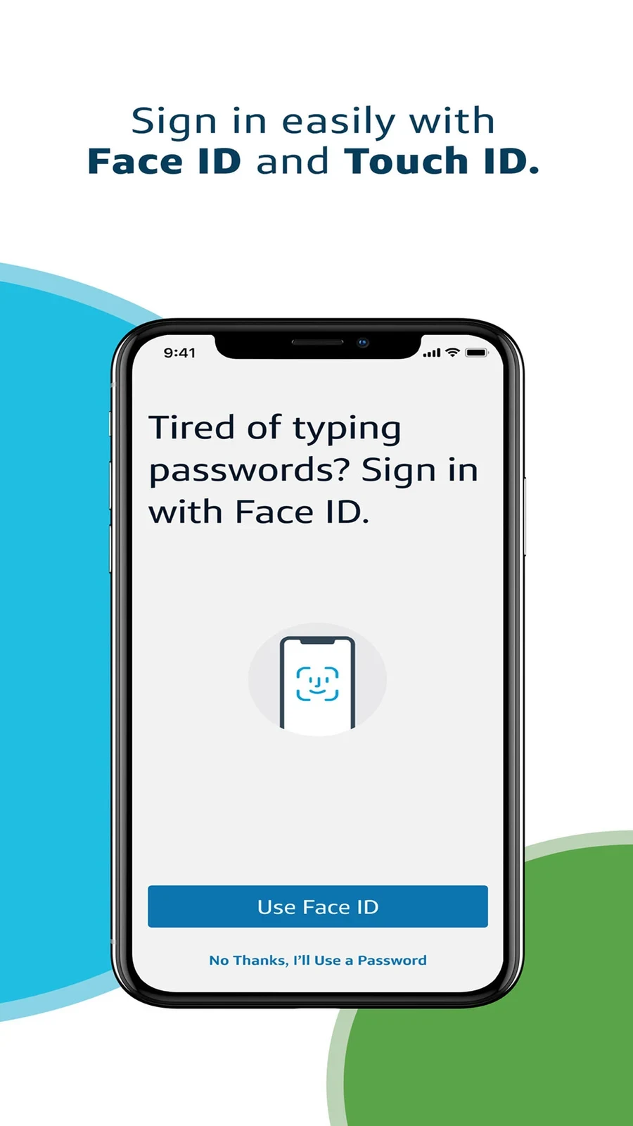 Capital One, panel 3: A frontal biometric setup screen gives the access promise concrete UI.