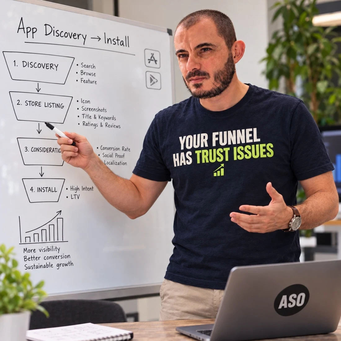 Gabriel explaining the app acquisition journey at a whiteboard