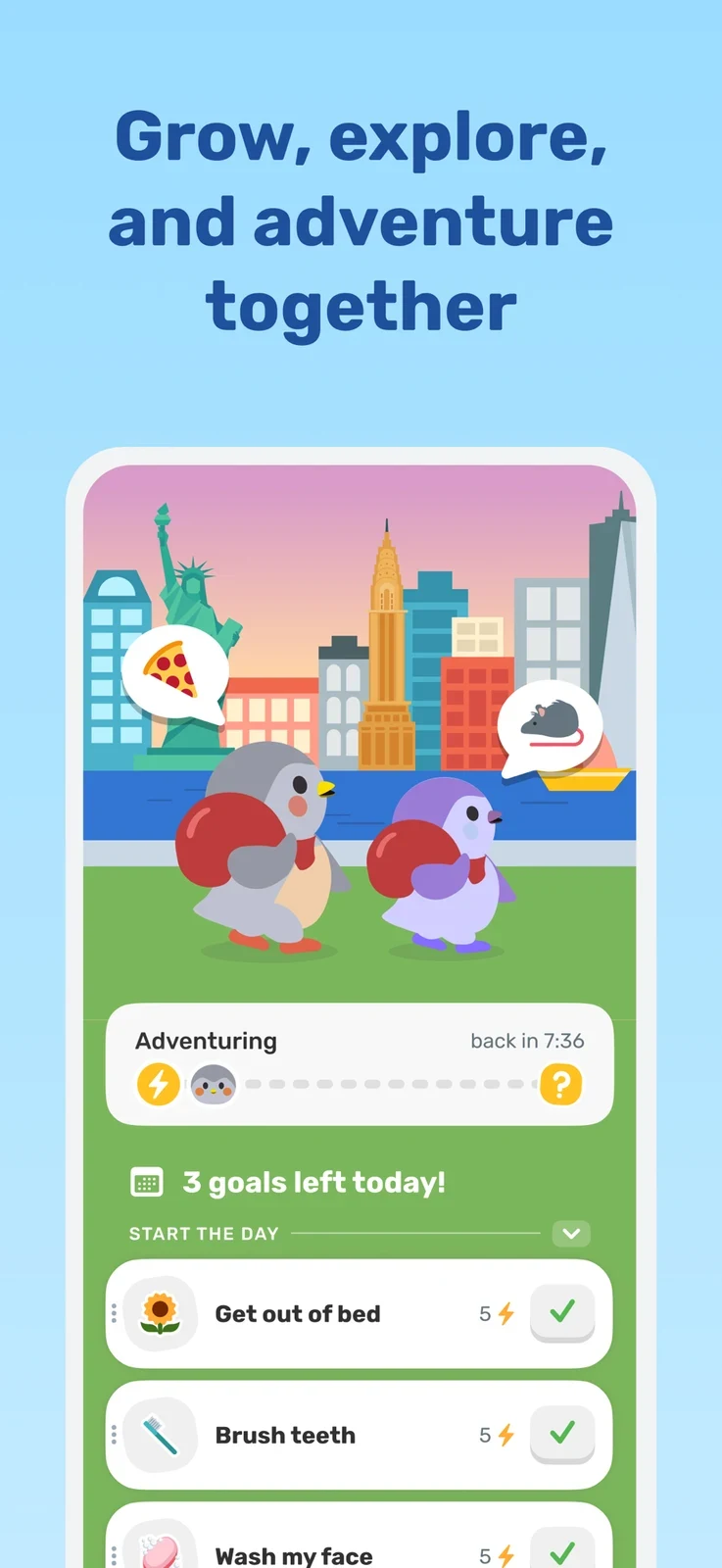 Finch: daily self-care tasks beside pet adventure progress