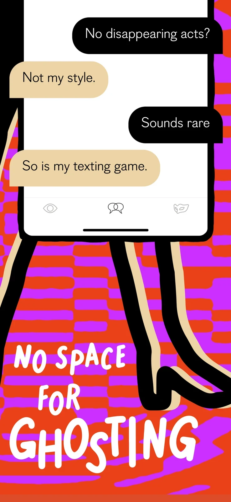 PURE: Open-Minded Dating App, panel 4: A staged chat illustrates a conversational tone.