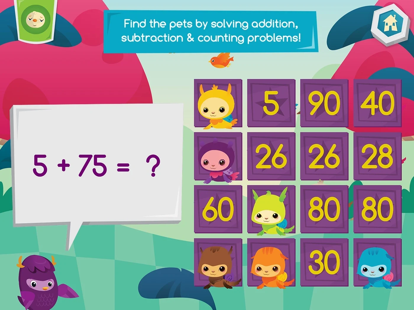 Moose Math - Duck Duck Moose, panel 4: A matching puzzle asks 5 + 75.