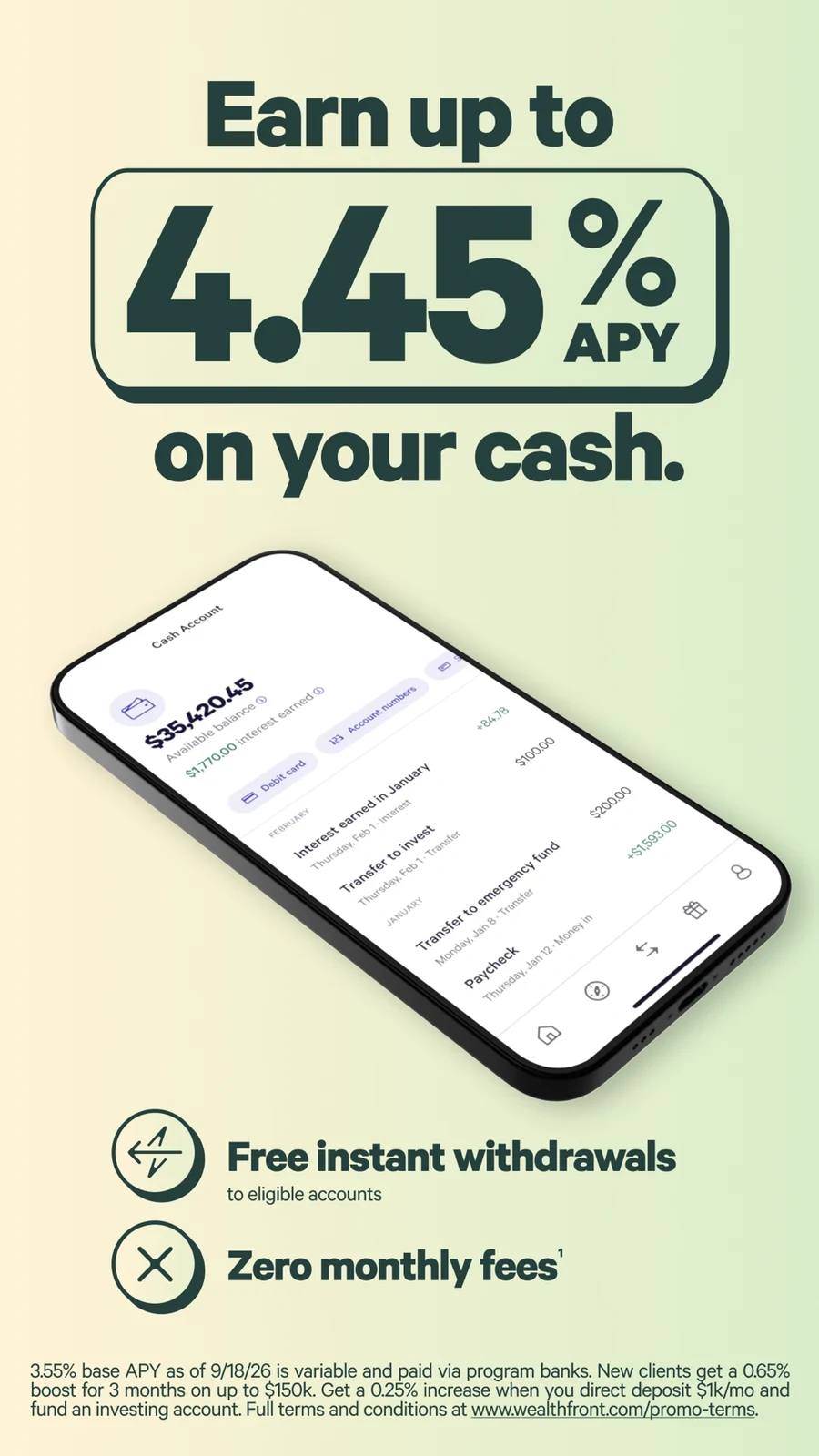Wealthfront, panel 2: A large cash-rate headline leads into account UI and conditions.