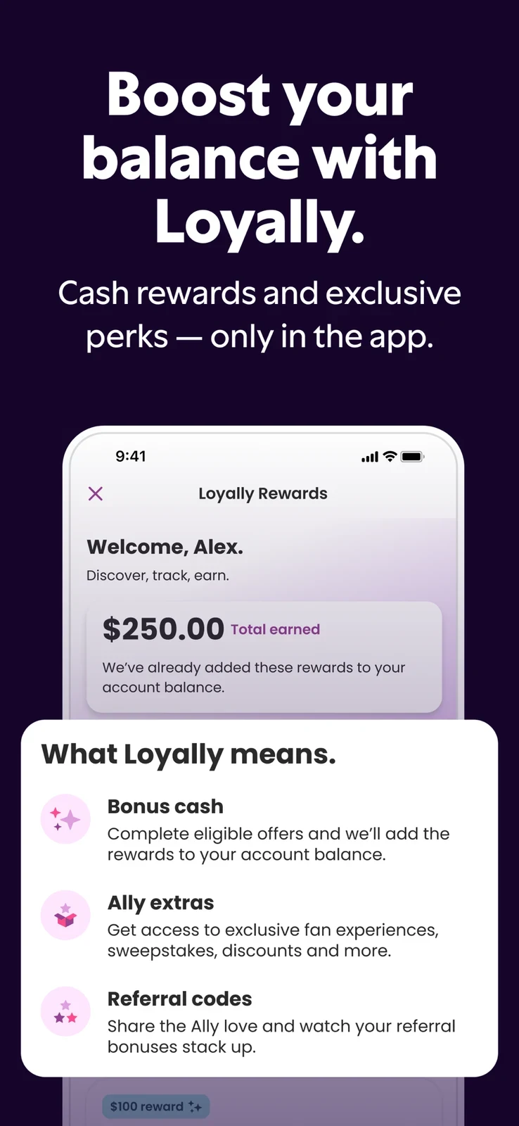 Ally, panel 2: A rewards panel uses a large explanatory overlay.